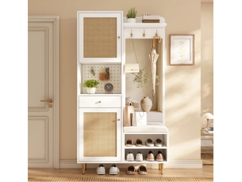  Ensemble vestiaire 99×35×180cm, banc + miroir + chaussures, rotin, pieds fer, entrée  - Conforama B