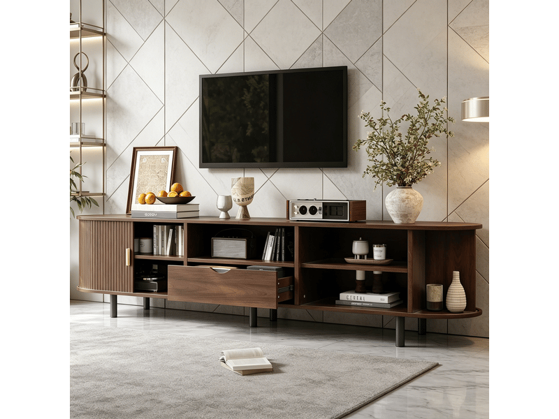 Meuble tv 175x40x55 cm - meuble bas arrondi avec porte à rideau, tiroir et niches ouvertes, charge 50 kg, mdf - noyer - Conforama E