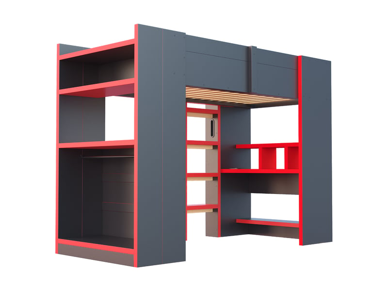  Lit mezzanine 90 x 200 cm - avec bureau - avec prise électrique - avec éclairage led - avec échelle de sécurité - noir + rouge (matelas non inclus)  - Conforama R
