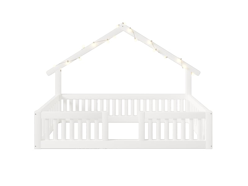  Lit cabane 90x200 enfant bois blanc - lit au sol avec barrière et guirlande led  - Conforama A