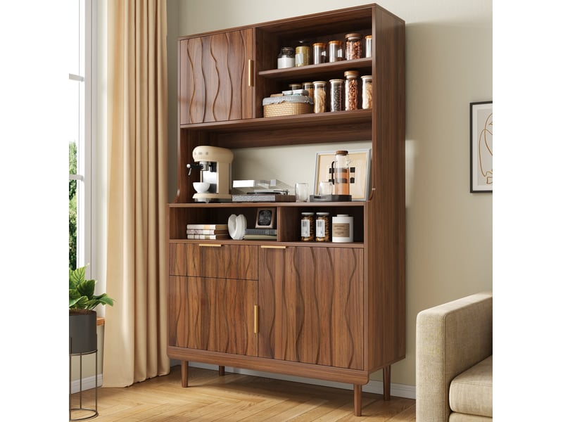 Buffet haut modenvie 100 x 32 x 170 cm avec tiroir, portes et étagères ouvertes, finition noyer - Conforama B