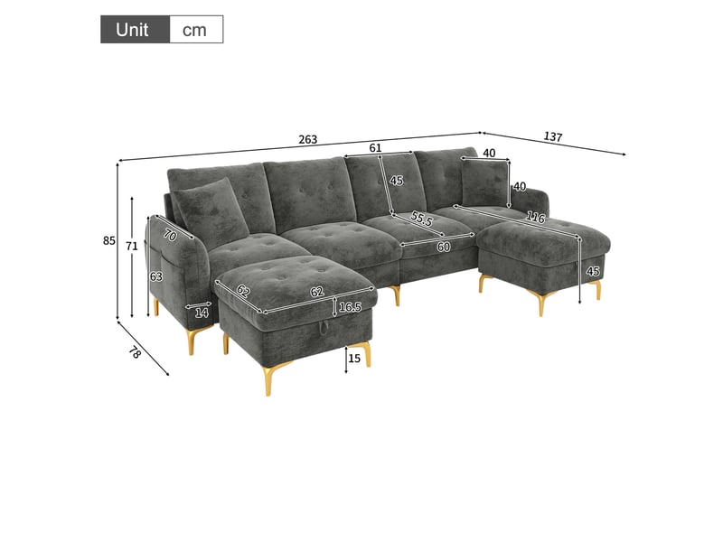 Canapé modulaire 4 places 263x137x85 cm avec 2 poufs de rangement gris  - Conforama C