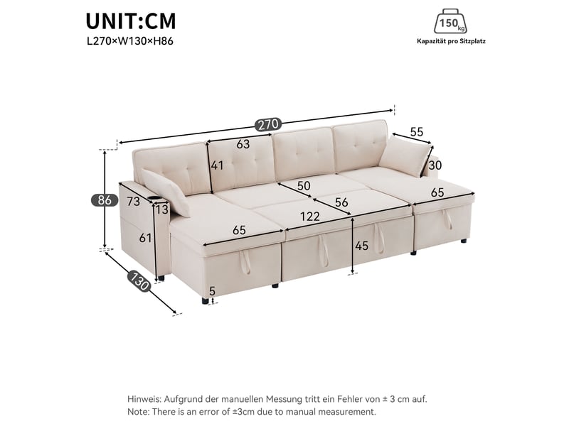  Canapé panoramique convertible modenvie 4 places avec rangement 270 x 130 cm beige aspect lin  - Conforama C