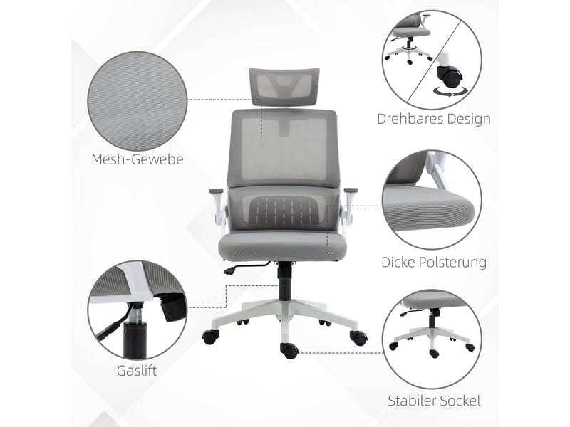  Chaise de bureau ergonomique avec appuie-tête réglable, soutien lombaire et fonction bascule en mesh gris  - Conforama E