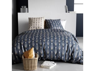 Parure housse de couette 260x240cm + 2 taies motif art-déco bleu et beige 100% coton - rayen