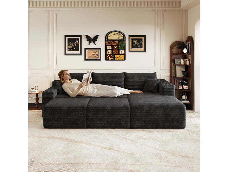  Canapé d'angle 241x151x84 cm 5 places en corduroy noir  - Conforama B