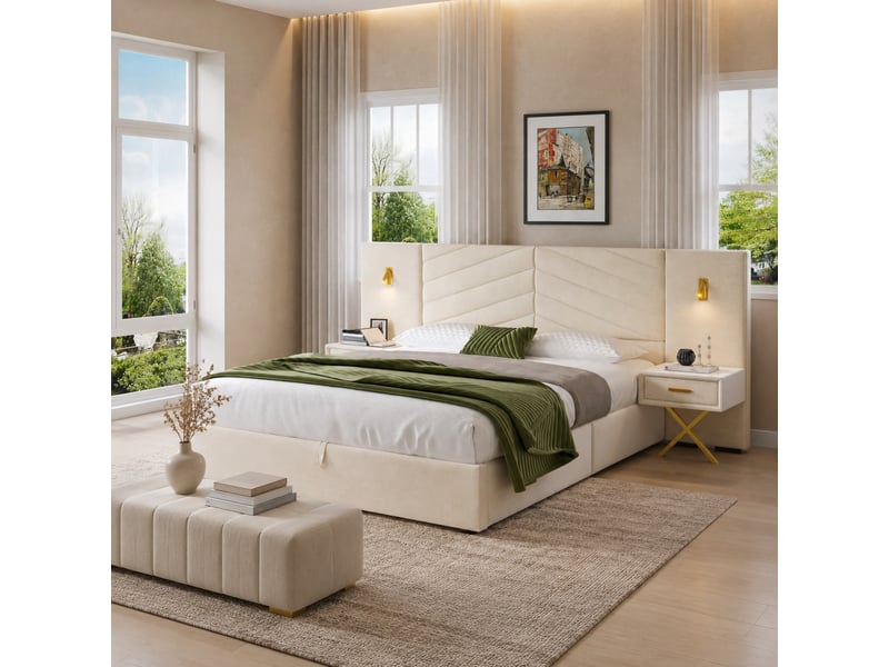 Lit coffre beige et blanc 160 x 200 cm avec 2 tables de chevet et led - 266 x 205 x 117 cm - Conforama B