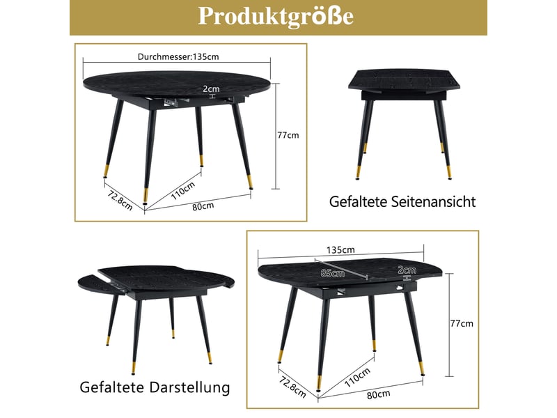  Table à manger extensible, table repas ronde à ovale, table gain de place, pieds métal dorés, mdf noir, 6 à 8 personnes  - Conforama C