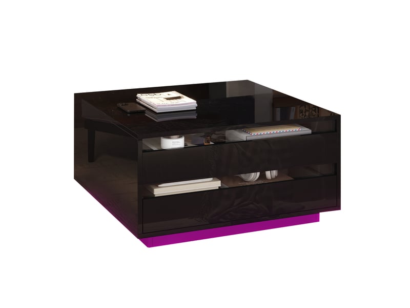  Table basse relevable carrée noire 70x70 cm avec led, rangement caché et tiroir, finition brillante  - Conforama W