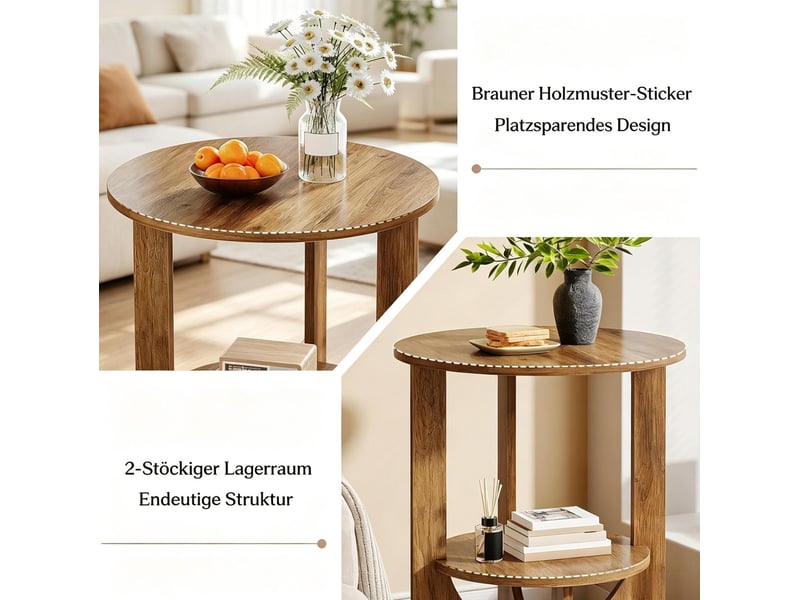  Table d'appoint ronde 50 x 50 x 65 cm – marron rustique – 2 niveaux de rangement pour salon et chambre  - Conforama E