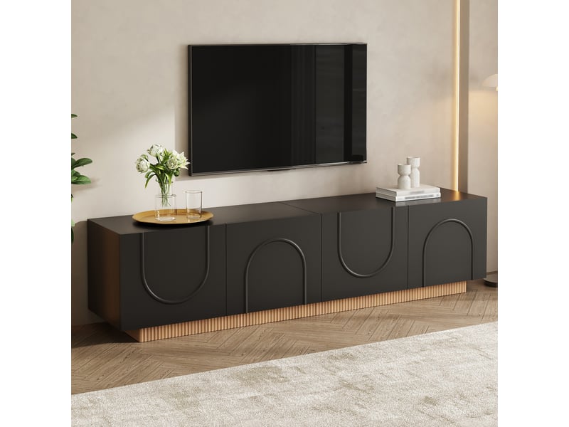  Meuble tv noir, 4 portes, rangement, gestion des câbles, fermeture douce, design moderne, structure robuste - 170x38x42cm - salon  - Conforama C