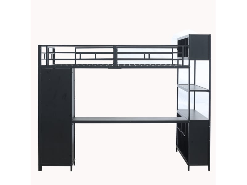  Lit mezzanine 140x200 cm avec bureau, rangements et armoire, métal et panneau de particules, noir sans matelas  - Conforama D