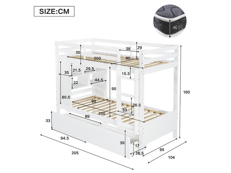 Lit superposé modenvie 90 x 200 cm blanc avec 2 tiroirs étagère ouverte échelle et barrières de sécurité en bois - Conforama C