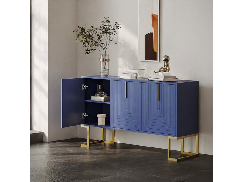  Buffet bas modenvie 3 portes en mdf et panneaux de particules bleu marine avec étagères réglables et pieds métalliques  - Conforama B