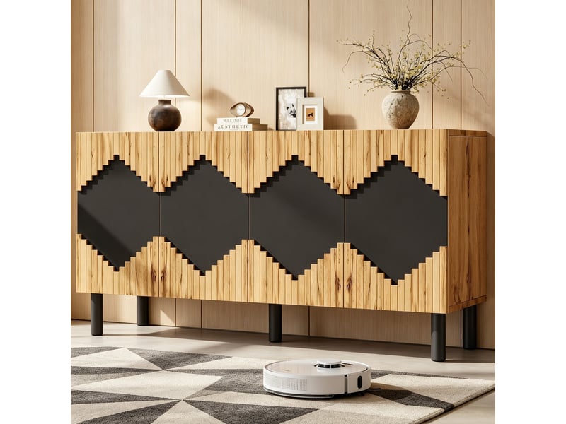  Buffet moderne 140x40x70cm meuble rangement bois noir avec portes push-open et design losange pour salon  - Conforama B