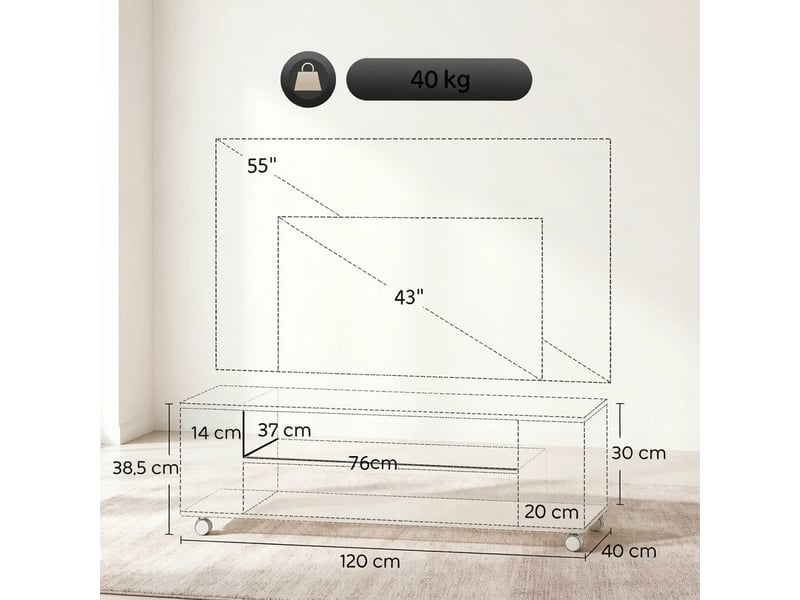  Meuble tv blanc et naturel 120 x 40 x 38,5 cm, sur roulettes ou à fixer au mur  - Conforama E