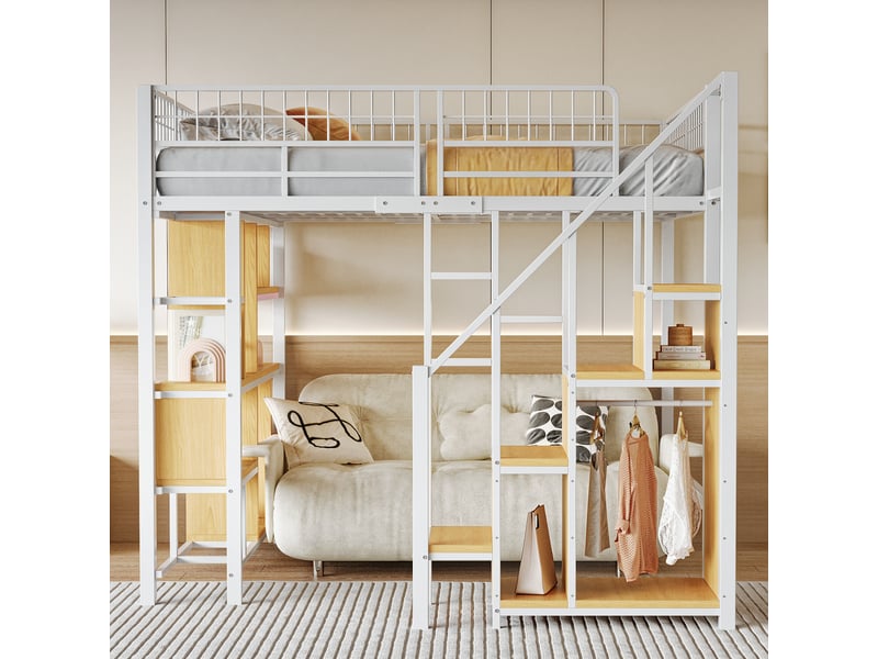 Lit mezzanine 140x200 cm métal pour adulte et ado avec escalier et rangements, design moderne en mdf + contreplaqué - blanc - Conforama E