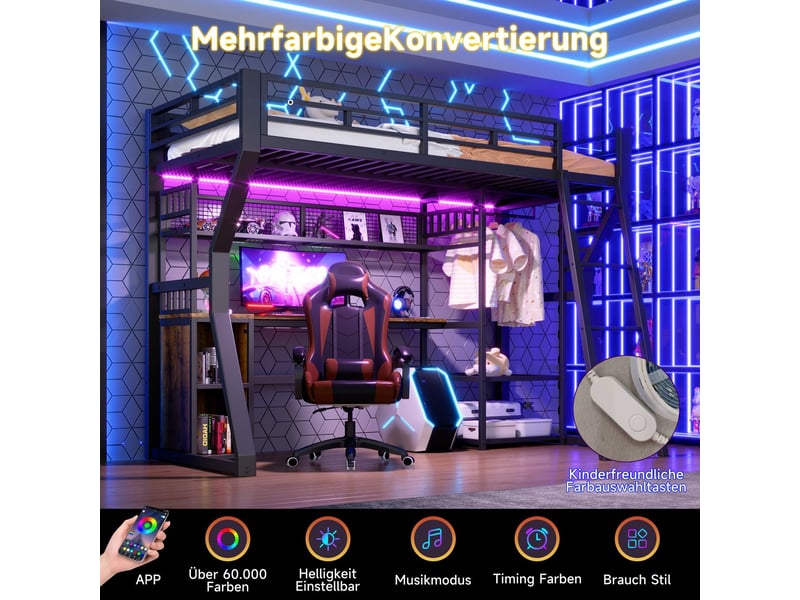 Lit mezzanine avec bureau 90 x 200 cm cadre en fer éclairage led prise électrique espace de suspension des vêtements compartiments de rangement étagères de rangement espace ouvert sous le lit - Conforama E