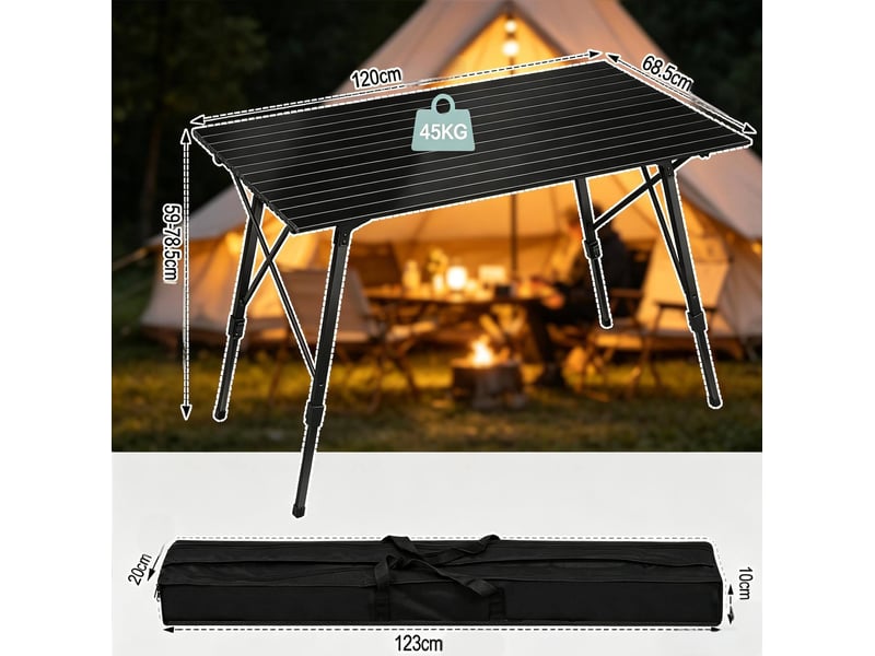  Table de camping pliante noire en aluminium 120 x 68,5 cm à hauteur réglable avec sac de transport  - Conforama C