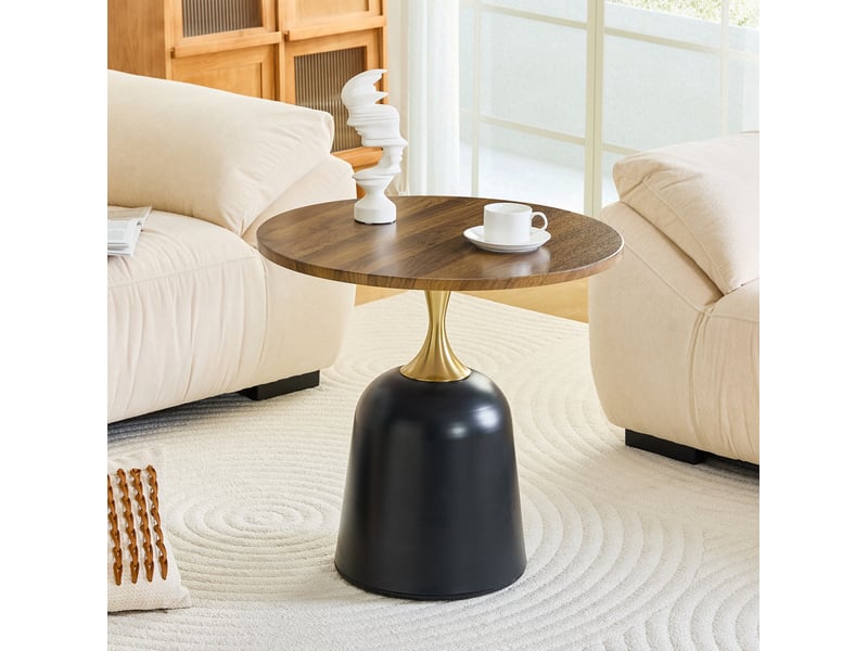  Table basse ronde avec base métallique lestée, style nordique, en mélamine, pour salon et chambre, noyer et noir  - Conforama B