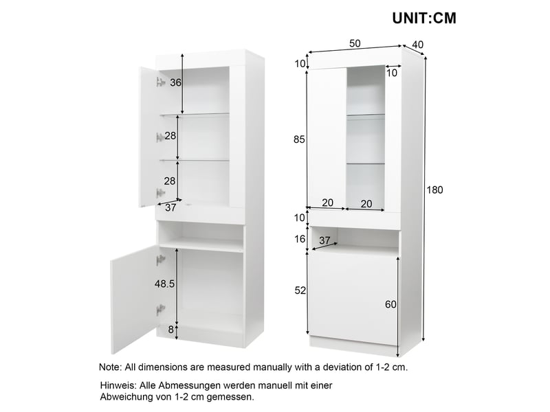  Vitrine buffet haut led avec 2 portes en blanc - meuble de rangement vitrine blanc - Conforama R