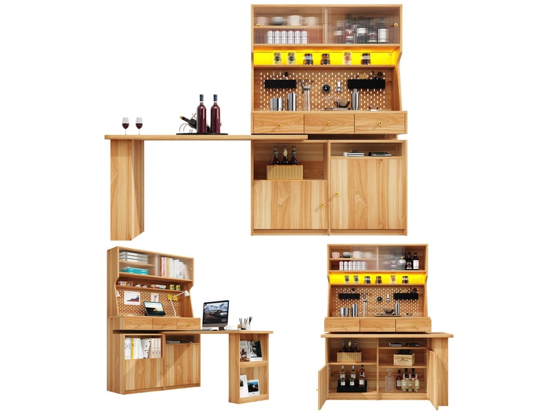  Armoire haute 137 x 74 x 177,7 cm avec bureau et bar intégrés, led pilotée par application et portes vitrées, bois naturel  - Conforama A