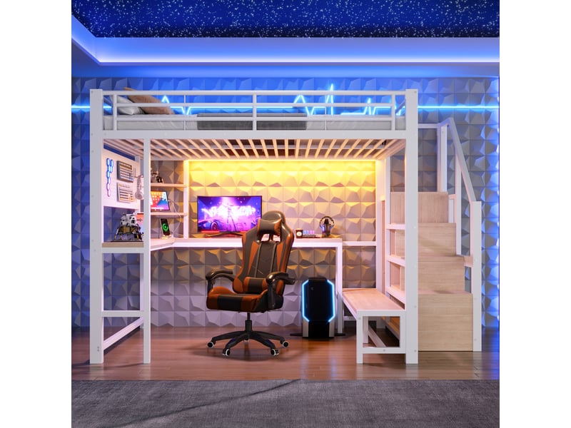Lit mezzanine 140x200 cm – avec bureau rangement led usb et échelle – métal et mdf – blanc CozyNest - Conforama B
