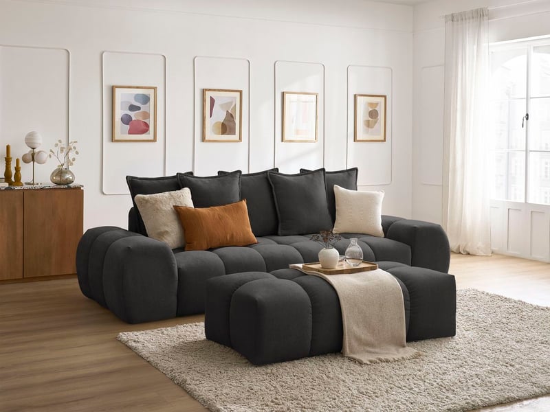 Bobochic canapé droit convertible coffre everest tissu texturé avec pouf noir EVEREST - Conforama B