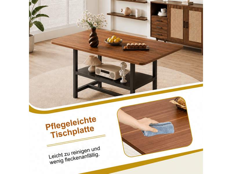  Table à manger rectangulaire 4 à 6 personnes avec étagère de rangement - lpospi - métal mdf noyer et noir 160 × 90 × 76 cm  - Conforama E