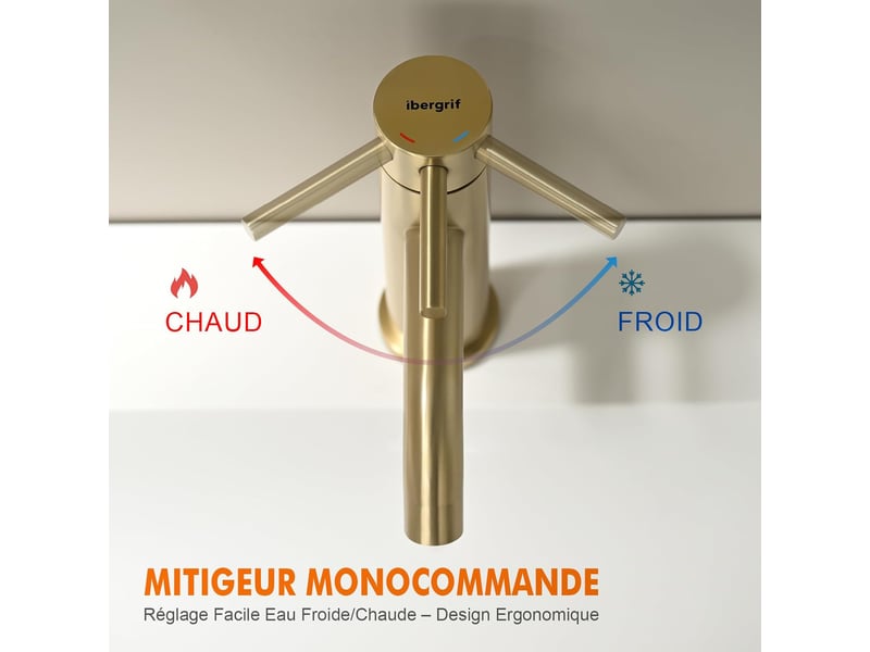  Mitigeur de lavabo - robinet de salle de bains monocommande, robinet à tiroir en céramique à faible bruit, corps en acier ioxydable, or  - Conforama D