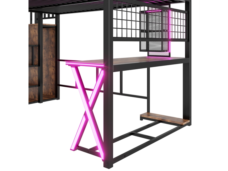  Lit mezzanine 140 x 200 cm avec bureau, armoire et éclairage led, structure métal et mdf, noir  - Conforama R