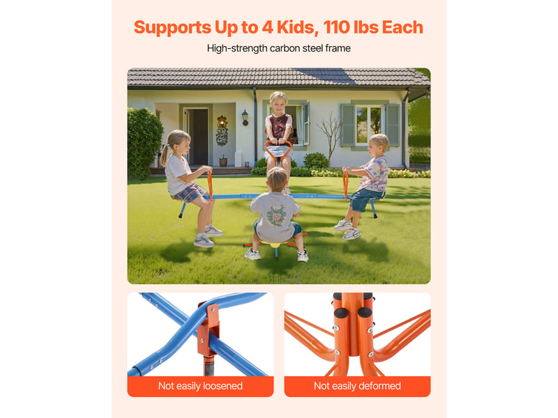  Vevor balancoire a bascule, capacite de charge 49,9 kg par siege, avec poignees confortables, pieds de support 4 broches, equipement de jeu exterieur, rotation a 360°, pour 4 enfants de 3 ans et plus  - Conforama D