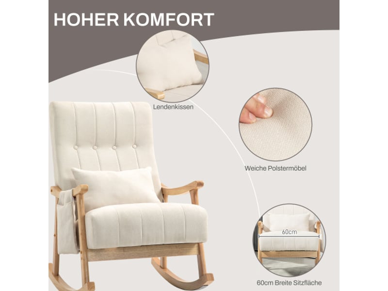  Fauteuil à bascule beige rembourré, coussin lombaire, poche latérale, cadre bois, aspect lin, salon et chambre  - Conforama B