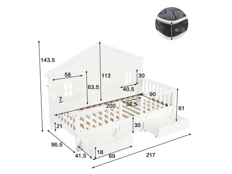  Lit cabane enfant 90x200cm, lit simple avec 2 tiroirs de rangement et fenêtre toit, bois de pin massif et mdf, blanc  - Conforama E