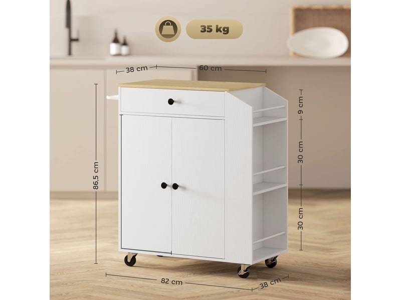  Desserte de cuisine 82x38x86,5 cm sur roulettes avec plan de travail, tiroir et placard panneau de particules blanc  - Conforama C