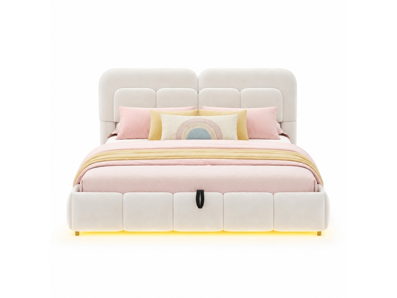  Lit coffre 140 × 200 cm 2 places avec led réglable et tête de lit rembourrée, sans matelas, en velours beige  - Conforama A