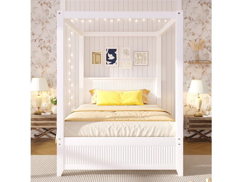  Lit à baldaquin 90x200 cm avec cadre de toit décoratif, lattes verticales têtepieds, bois mdf pin, blanc sans matelas  - Conforama D