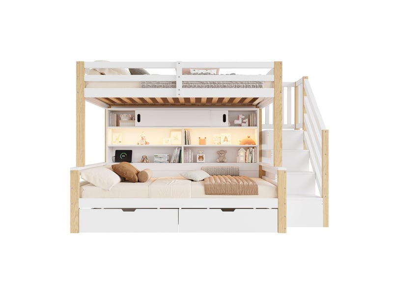 Lit superposé en bois massif 90×200+90×200 cm, avec led, usb, escalier de rangement et portes coulissantes, blanc et naturel - Conforama A