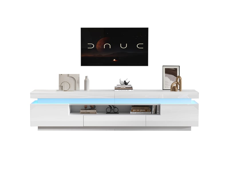  Meuble tv bas 175 x 38 x 45 cm avec led, 2 placards, 1 tiroir, blanc  - Conforama A