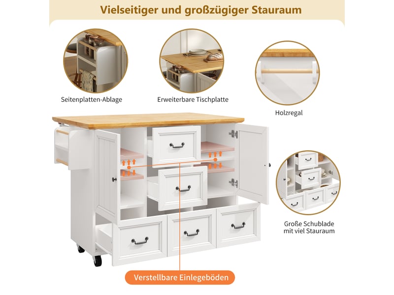 Desserte de cuisine avec 2 portes, 5 tiroirs, plateau rabattable, roulettes et porte-serviettes, blanche en mdf - Conforama E