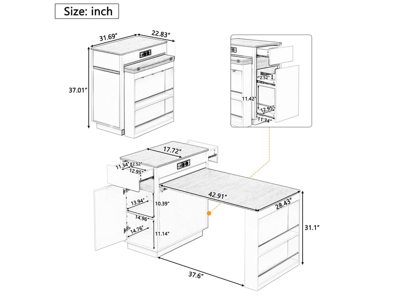  Îlot de cuisine extensible 94x80.5x153.5 cm, crochets et roulettes, prises, led, panneau mdf noir  - Conforama C