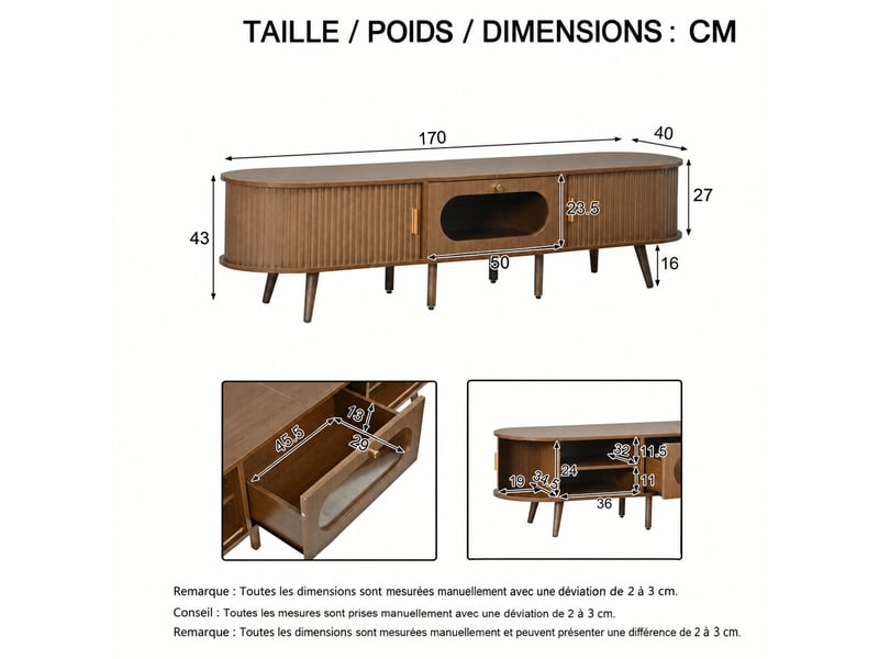  Meuble tv pour téléviseur 70 pouces, mdf couleur noyer, 2 portes à rideau et 1 tiroir, 170 x 40 x 43 cm  - Conforama E