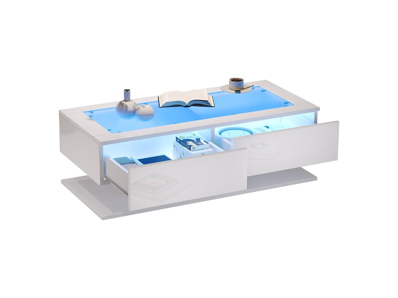  Table basse blanche brillante 100x50x35 cm, table de salon avec tiroirs et plateau en verre trempé, table basse led  - Conforama A