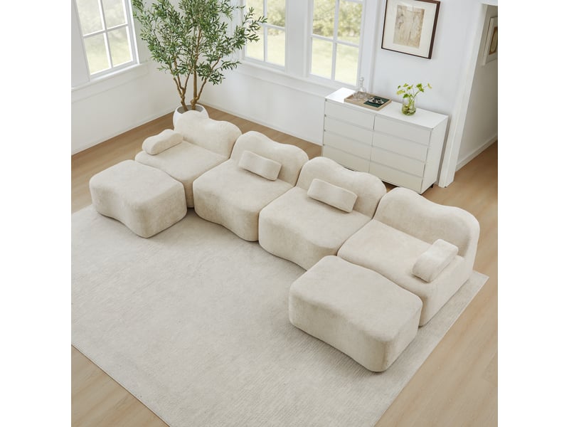 Canapé panoramique en u modulaire avec poufs, assise ergonomique et velours beige - Conforama D