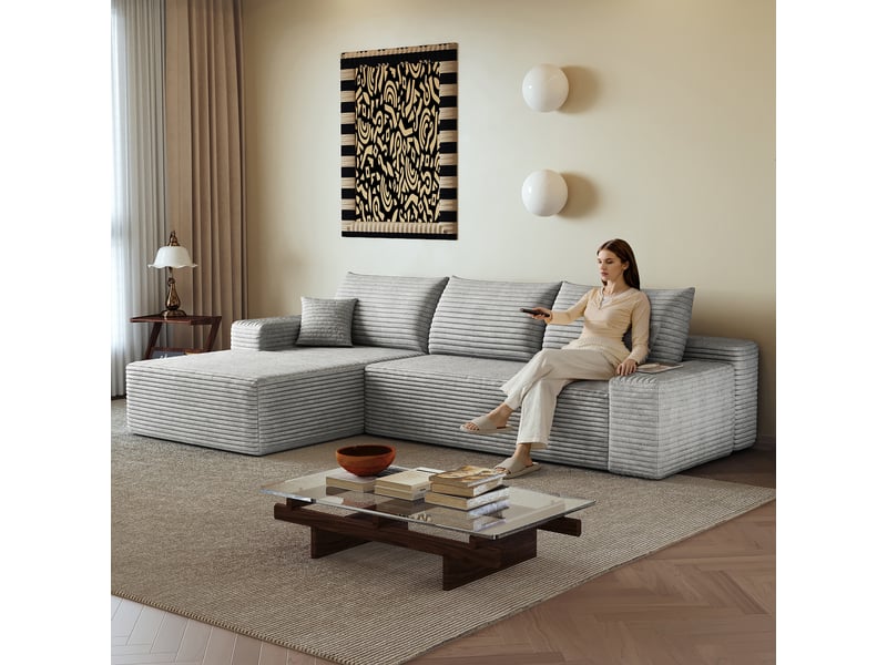  Canapé d’angle modulable 270 cm en velours côtelé, méridienne en l, assise profonde, sans montage, gris IKSETERA TRADING LTD - Conforama D