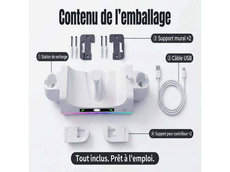 Station de charge 3 en 1 pour meta quest 3 3s avec support mural – socle de chargement rapide casque vr et manettes avec éclairage rgb et indicateurs led – blanc - Conforama D
