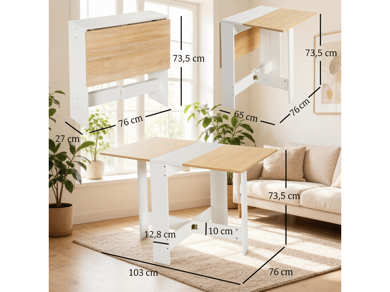  Table à manger pliante rabattable avec double plateau - lpospi - table cuisine bureau mdf chêne et blanc 103 × 76 cm  - Conforama D