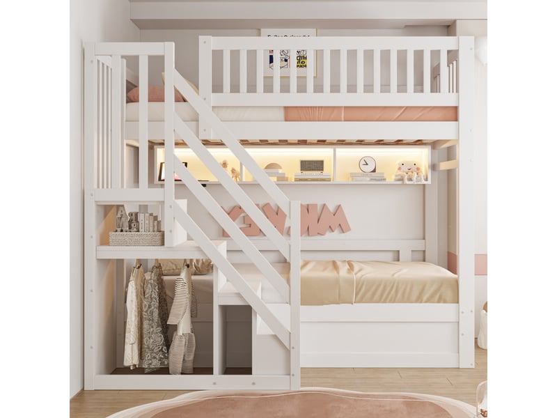 Lit superposé 90 × 200 cm – avec escalier de rangement – ​​avec étagères – avec éclairage led – avec prise électrique – blanc (matelas non inclus)  - Conforama D