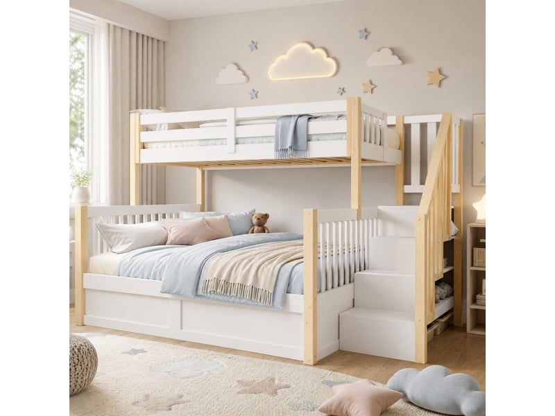  Lit superposé enfant 90×200 cm et 140×200 cm, coffre hydraulique et escalier  - sans matelas, blanc naturel  - Conforama B