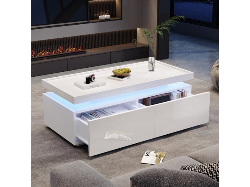  Table basse led blanche 95x45x35 cm - 2 tiroirs, haute brillance, design géométrique moderne et minimaliste  - Conforama E